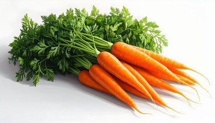 A fresh bunch of bright orange carrots with lush green tops, fanned out neatly on a white surface, symbolizing nutrition, vitality, and natural simplicity.