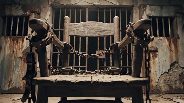 Chained chair in abandoned, dilapidated prison cell with rusty doors