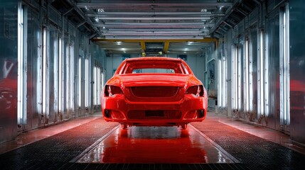 Obraz premium Car paint booth spraying vibrant color on car on blurred background 