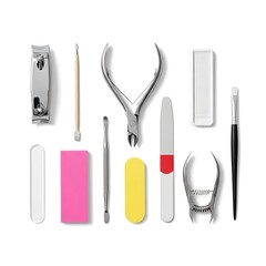 Nail care tools and accessories arranged on a white background for manicure and pedicure