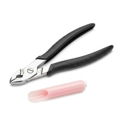 Obraz premium Nail clippers and pink nail file on white background manicure tools