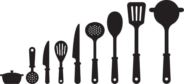 Black kitchen utensils and tools on white background illustration