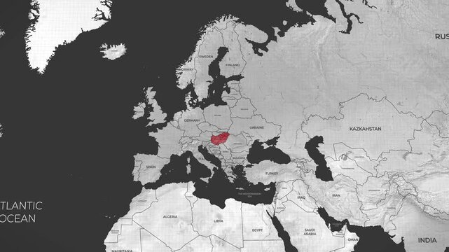 Detailed political map highlighting the central European country of Hungary with surrounding nations clearly visible.