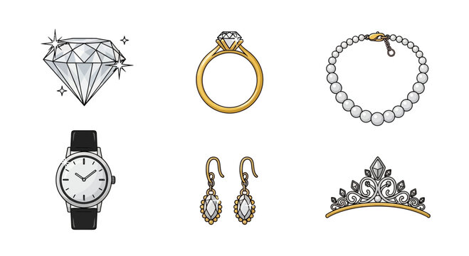 Six pieces of jewelry and a watch arranged in two rows