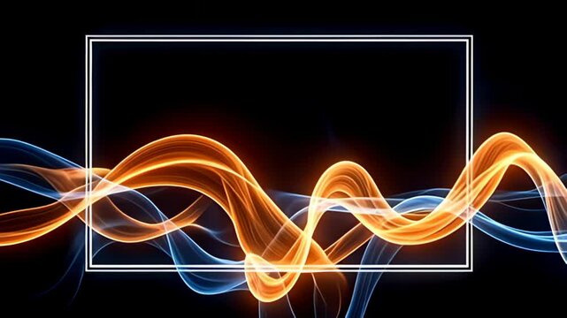 Emerging from the depths, a Minimal white Border Frame flickering on black canvas is encircled by flowing streams of light that twist and intertwine, featuring rich shades of amber and