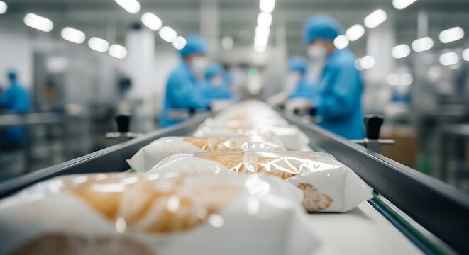 Food products in clear plastic packaging moving along a conveyor belt in a modern factory with blurred workers in blue uniforms in the background.