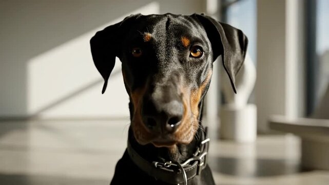 Majestic Doberman Pinscher Poses in Modern Minimalist Interior.