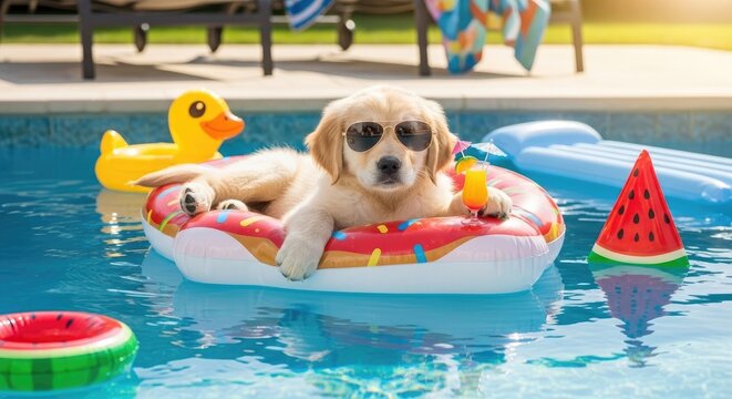 A golden retriever puppy wearing sunglasses and a floatie in a swimming pool with a watermelon slice and a yellow duck.