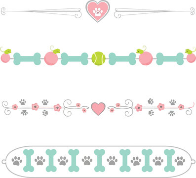 Cute dog bone paw print heart decorative borders set for pet lovers vector