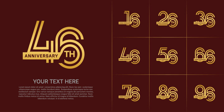 Anniversary logo type set with double line number. gold color with ribbon for celebration event