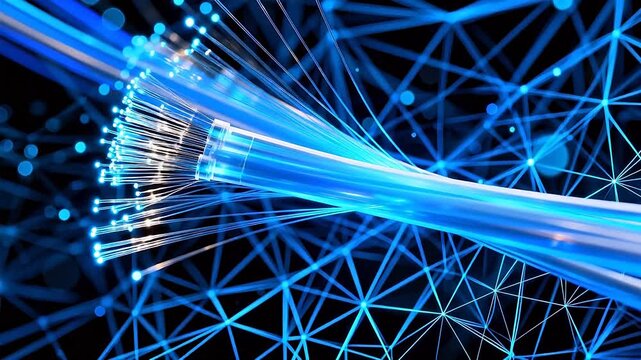 Blue fiber optic cables with glowing tips