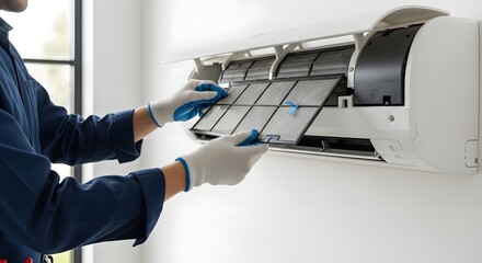 Hands in gloves carefully removing a dirty filter from a wall-mounted air conditioning unit for regular maintenance and improved indoor air quality