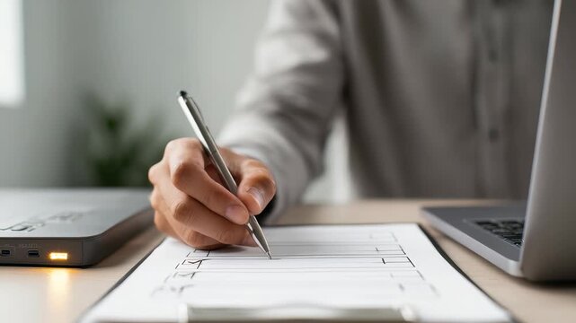 A person fills out a checklist on a clipboard while working at a desk with a laptop in a modern office environment. The focus is on the hand holding a pen and writing on paper