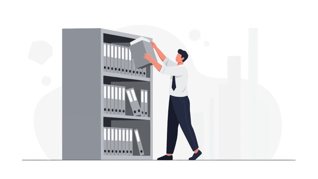 Businessman organizing files in office archive, data management concept