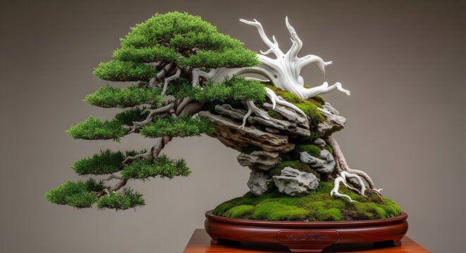 Photorealistic semi-cascade juniper bonsai gripping a weathered rock mound with thick green foliage pads flowing downward, intricate white-barked deadwood accents and vibrant moss groundcover, classic
