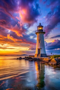 Dramatic Sunset Seascape with Lighthouse and Moody Sky 