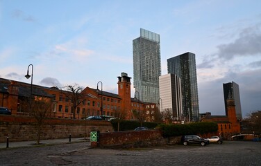 Brick buildings and modern buildings in Manchester, UK