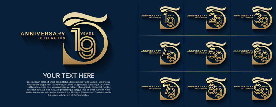 Anniversary logo type set with double line number. gold color for celebration event