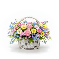 Beautiful bouquet of colorful flowers in a white wicker basket on white background transparent background