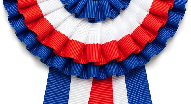 Patriotic rosette with red, white, and blue ruffled ribbons, a circular fabric decoration for national pride