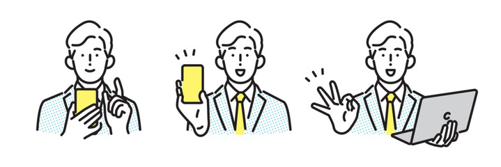 シンプル　イラスト　スマホ操作やOKサインをするビジネスマンの男性のイラスト　ビジネスシーン