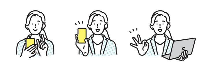 シンプル　イラスト　スマホ操作やOKサインをするビジネスパーソンの女性のイラスト　ビジネスシーン