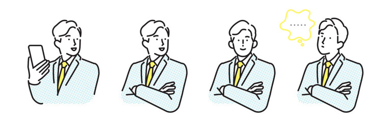 シンプル　イラスト　スマホや腕組みポーズのビジネスパーソン男性セットイラスト　ビジネスシーン © kogome