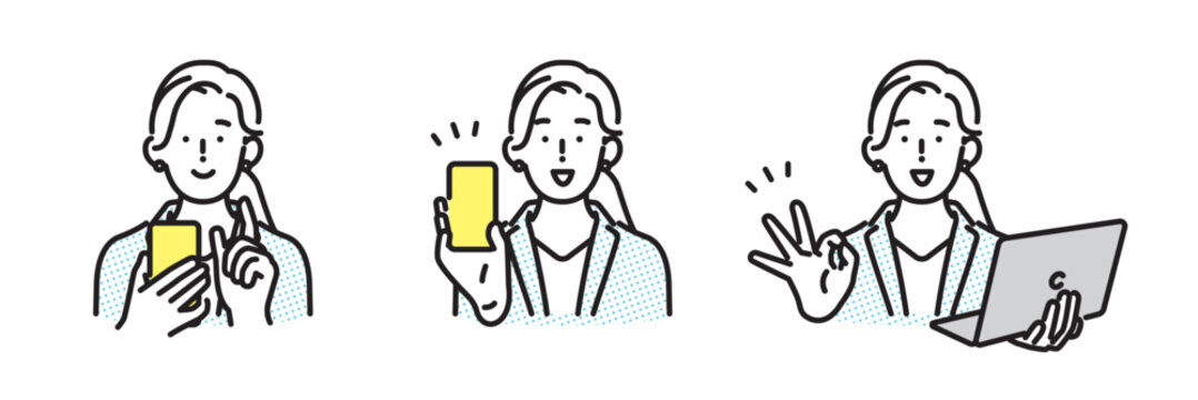 シンプル　イラスト　スマホ操作やOKサインをするビジネスパーソンの女性のイラスト　ビジネスシーン