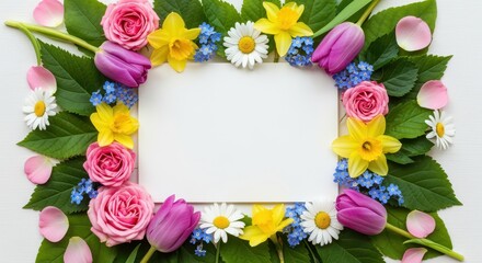 Fototapeta premium Floral Frame of Nature: A vibrant array of spring flowers, including tulips, daisies, roses, daffodils, and petals, artfully arranged to form a beautiful, natural frame.