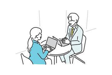 シンプル　イラスト　商談をするビジネスパーソンの男性と女性　ビジネスシーン
