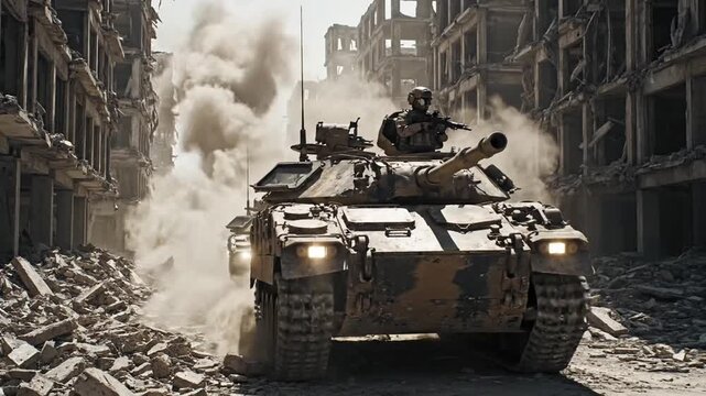 Armored tank driving through a devastated city street filled with rubble and smoke during combat