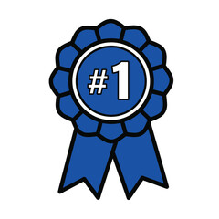 A blue rosette award ribbon with a white number one symbol