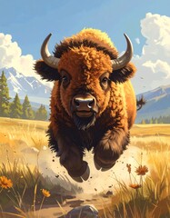 A furry bison running in a sunny field towards the viewer