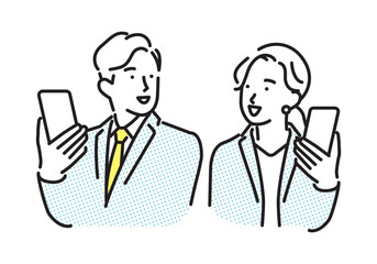 シンプル　イラスト　スマホを持って笑顔のビジネスパーソンの男性と女性　ビジネスシーン