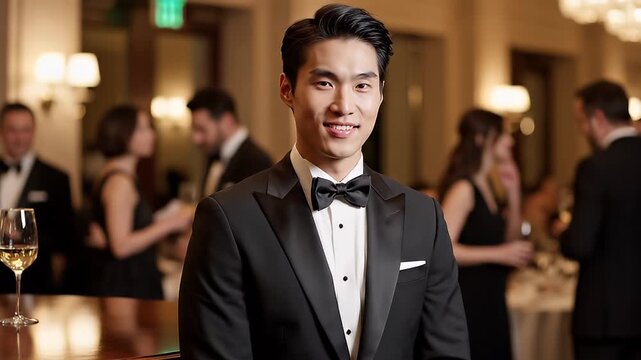 Elegant tuxedo guest at upscale bar event video.