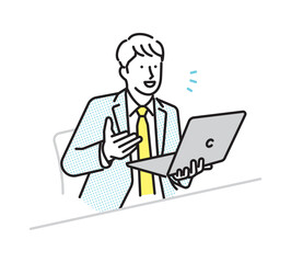 シンプル　イラスト　ノートパソコンで説明するビジネスパーソンのイラスト　ビジネスシーン