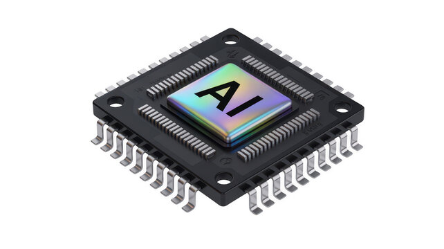  microchip with AI rainbow and silver pins angled isolated on a transparent background
