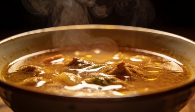 hot bowl of opor soup with steam on dark background perfect for islamic celebrations eid mubarak and ramadan