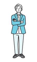 シンプル　イラスト　笑顔のビジネスパーソンの男性の全身　ビジネスシーン