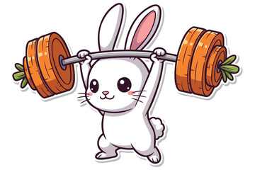 Cute cartoon rabbit lifting a barbell made of carrots in a playful fitness scene showing strength and healthy lifestyle motivation
