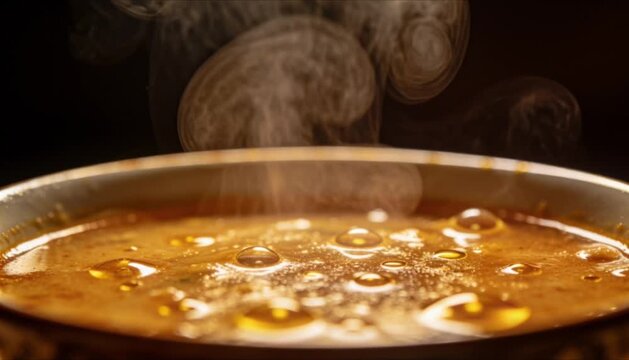 hot bowl of opor soup with steam on dark background perfect for islamic celebrations eid mubarak and ramadan