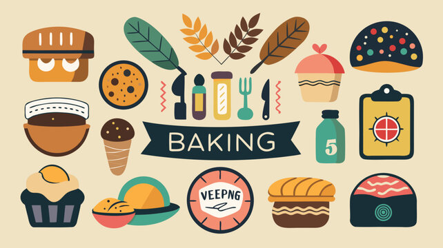 Baking business logo elements bundle with bread, cupcake, cookie, wheat, kitchen utensils, and baking ingredients in colorful flat design style for bakery branding and packaging