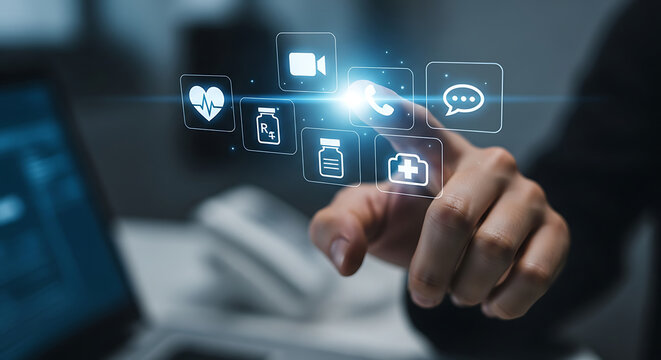 Businessman hand touching health icon healthcare medical network, medical technology network concept