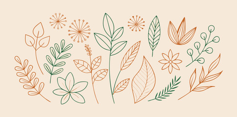 Minimal botanical bundle with leaves and branches in soft green and beige tones, delicate floral elements create calm and natural aesthetic perfect for design projects