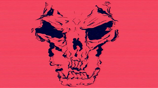 Human skull symbol with distortions and glitch effects animation