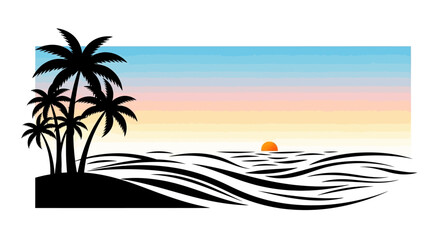 Fototapeta premium Captivating tropical sunset scene with silhouetted palm trees on a tranquil beach, featuring a gradient sky and calm ocean waves, perfect for peaceful vacation and exotic travel themes