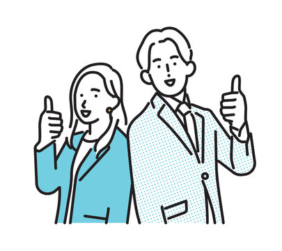 シンプル　イラスト　笑顔のビジネスパーソンの男性と女性　ビジネスシーン