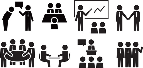 Pictogram of a human figure, set of meetings of a businessman wearing a tie