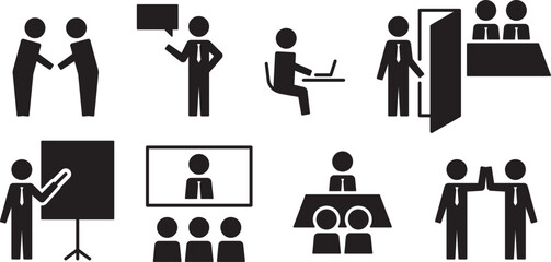 Pictogram of a human figure, set of meetings of a businessman wearing a tie