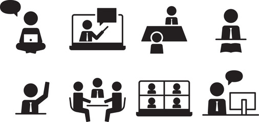 Pictogram of a human figure, set of meetings and classes of a businessman or student wearing a tie